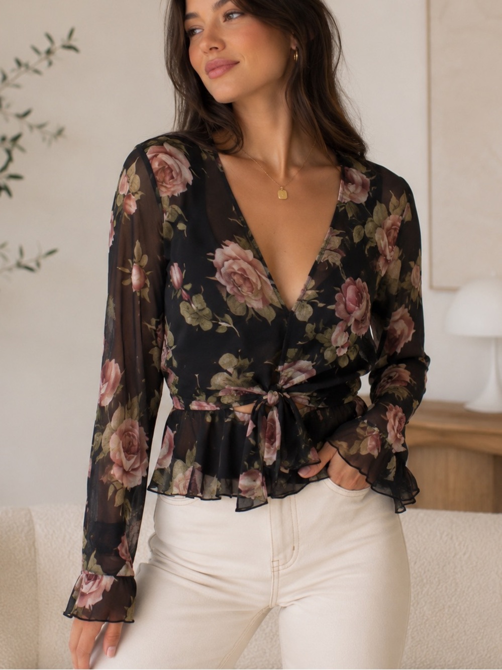 GUESS Black Sheer Floral Tie-Front Blouse with Pink Roses